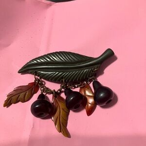 Vintage Bakelite ornately carved bar pin brooch dangling leaves pears
